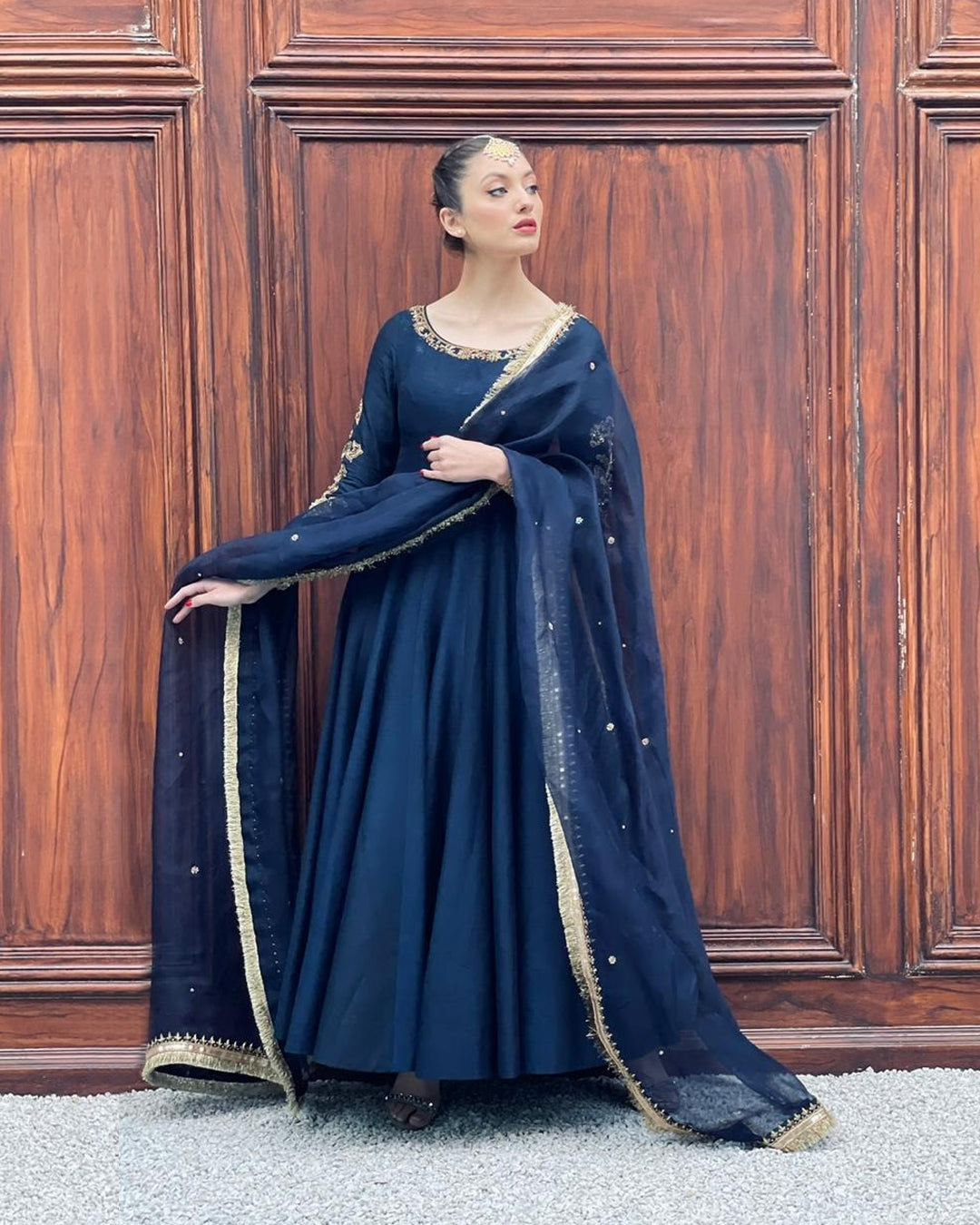 Pakistani Navy Hand-Embellished Korean Raw Silk Pishwas (3-Piece) - Image 2