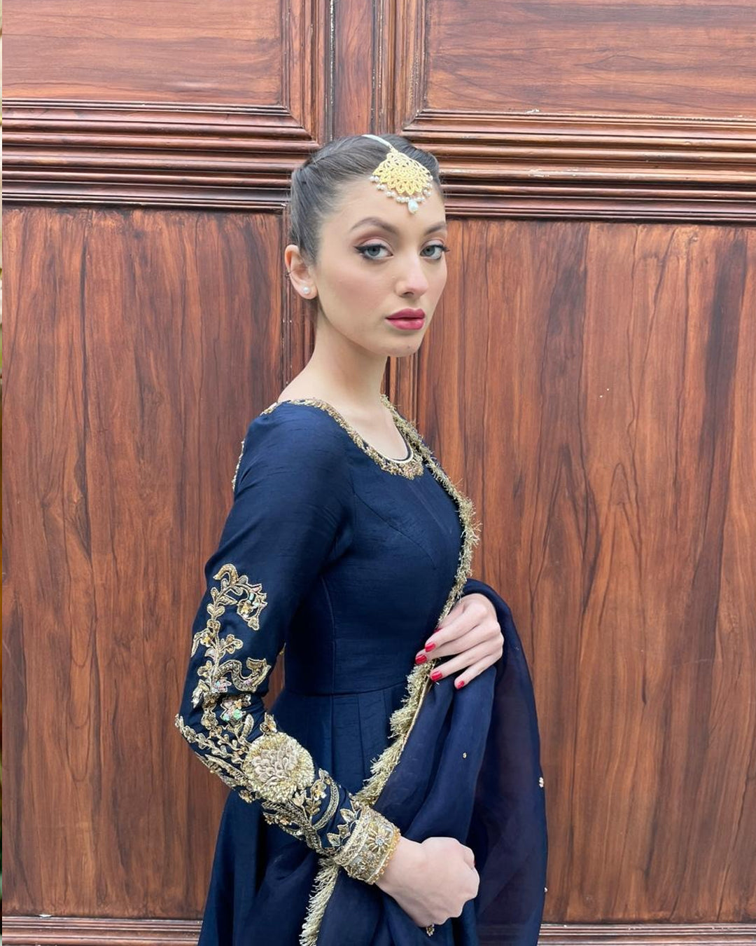 Pakistani Navy Hand-Embellished Korean Raw Silk Pishwas (3-Piece) - Image 3