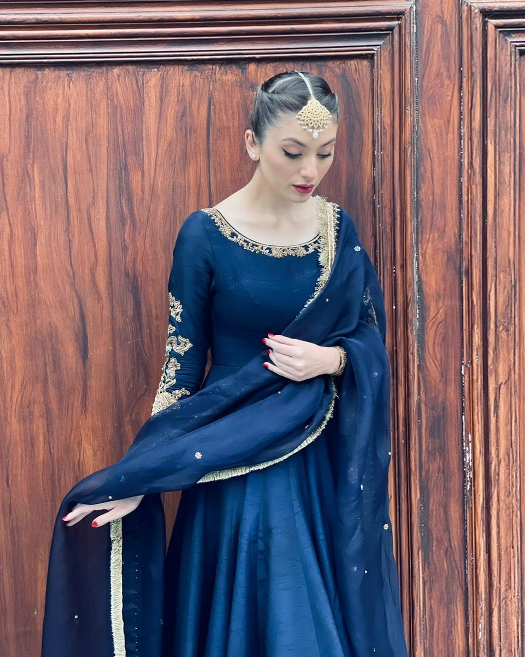 Pakistani Navy Hand-Embellished Korean Raw Silk Pishwas (3-Piece) - Image 4