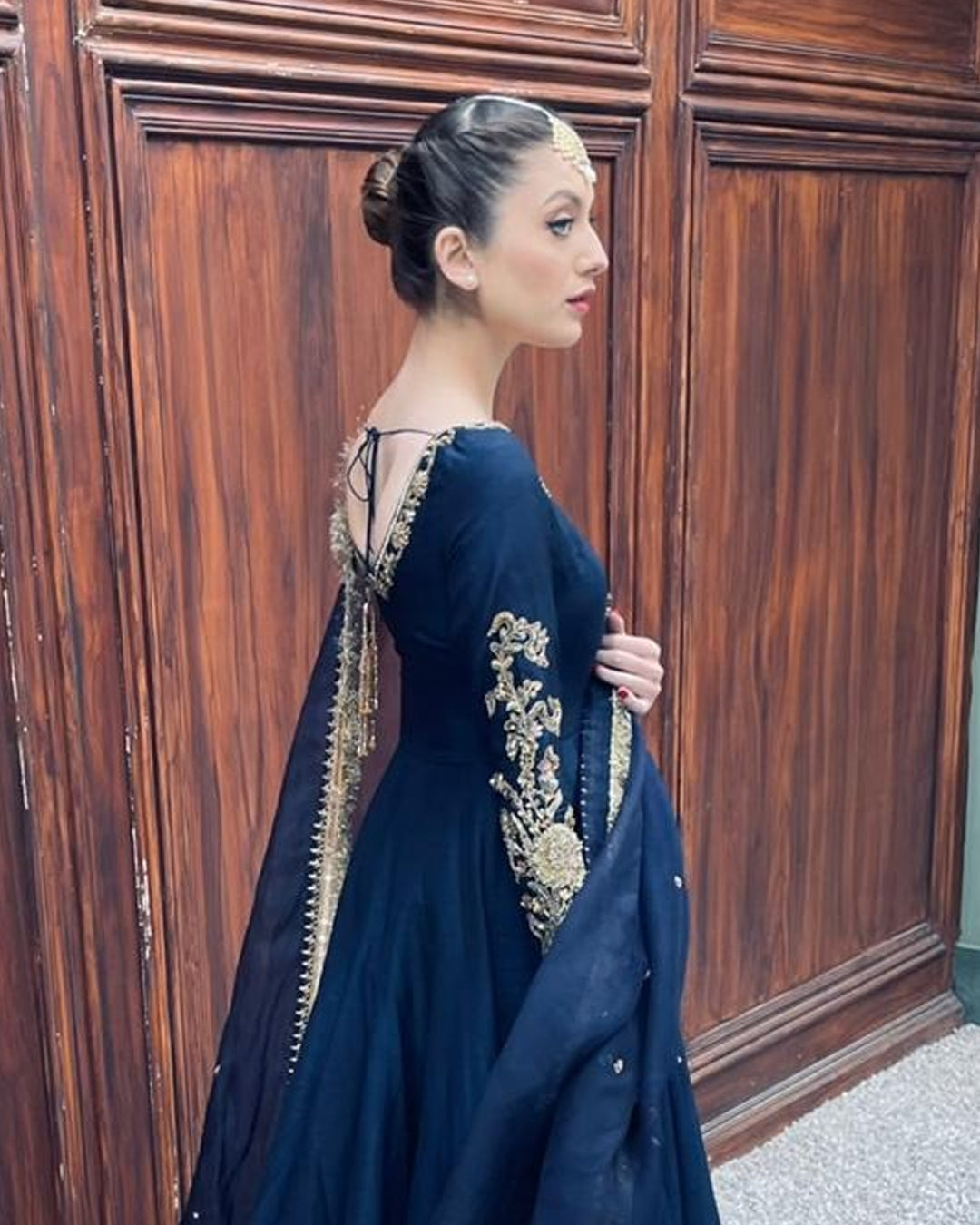 Pakistani Navy Hand-Embellished Korean Raw Silk Pishwas (3-Piece) - Image 5