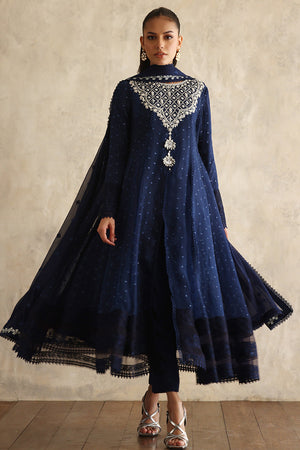 Pakistani Navy Blue Embroidered Organza Pishwas (3-Piece) - Image 1