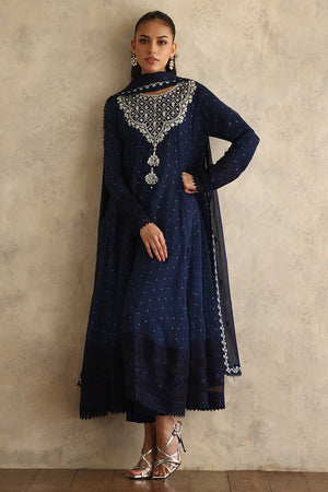 Pakistani Navy Blue Embroidered Organza Pishwas (3-Piece) - Image 2