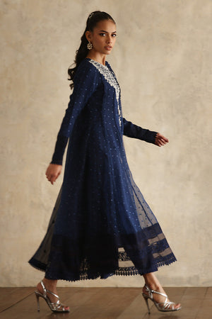 Pakistani Navy Blue Embroidered Organza Pishwas (3-Piece) - Image 3