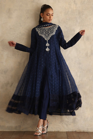 Pakistani Navy Blue Embroidered Organza Pishwas (3-Piece) - Image 4