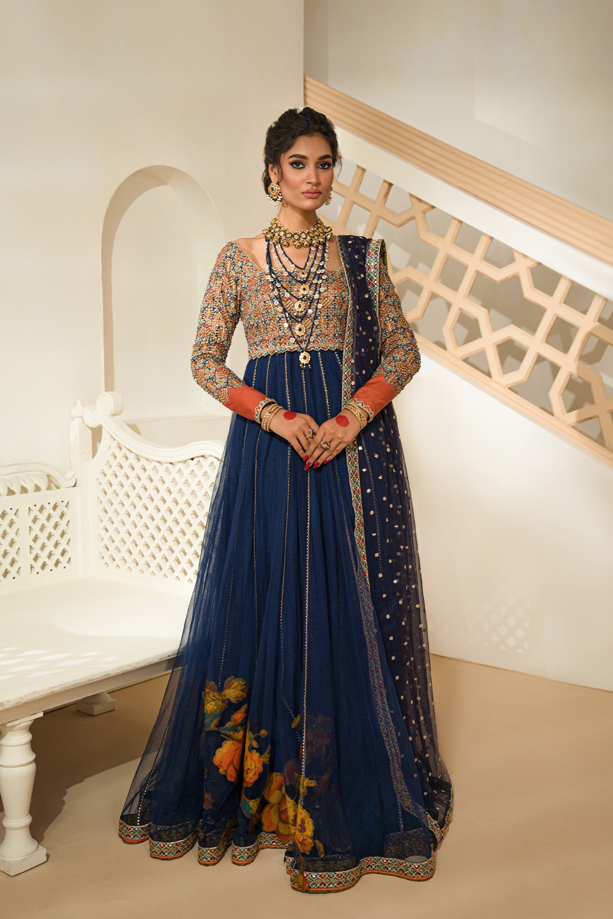 Navy Embellished Silk & Net Pishwas (2-Piece) - Image 1
