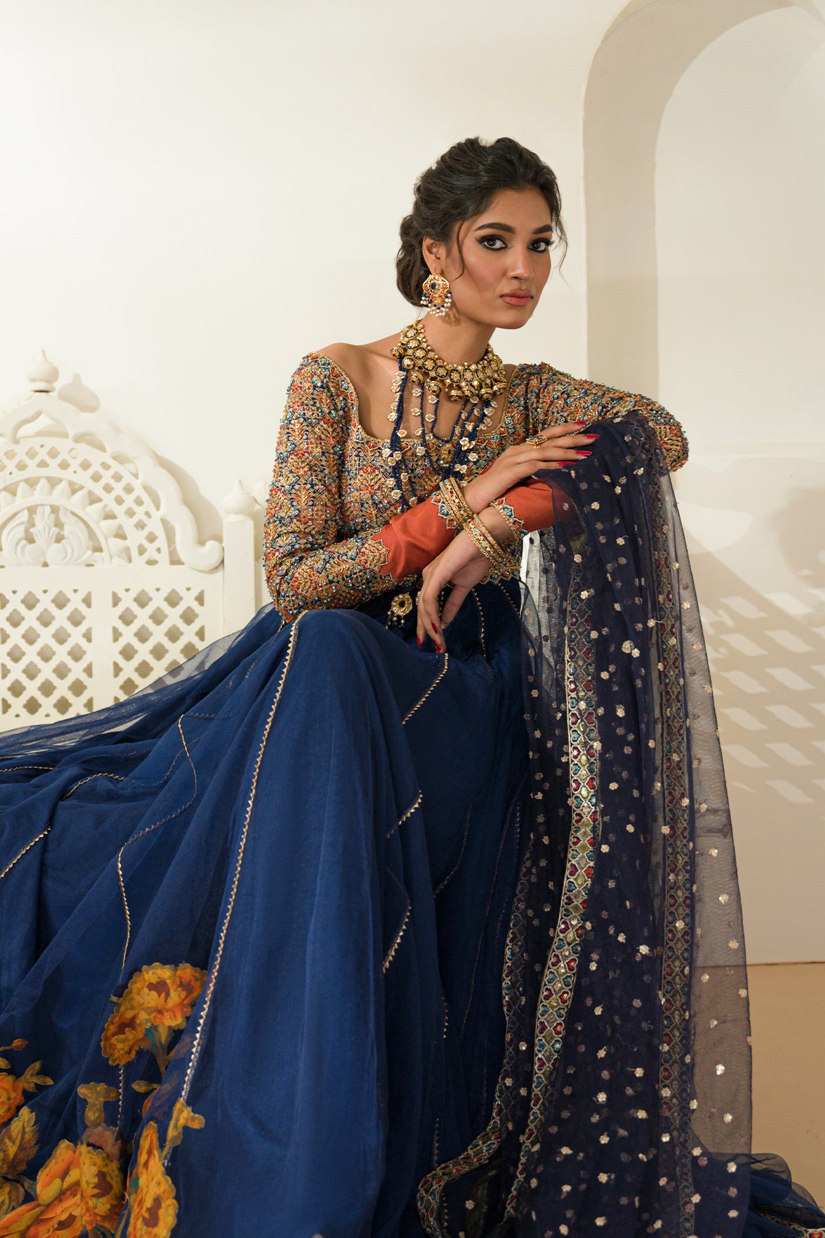 Navy Embellished Silk & Net Pishwas (2-Piece) - Image 2