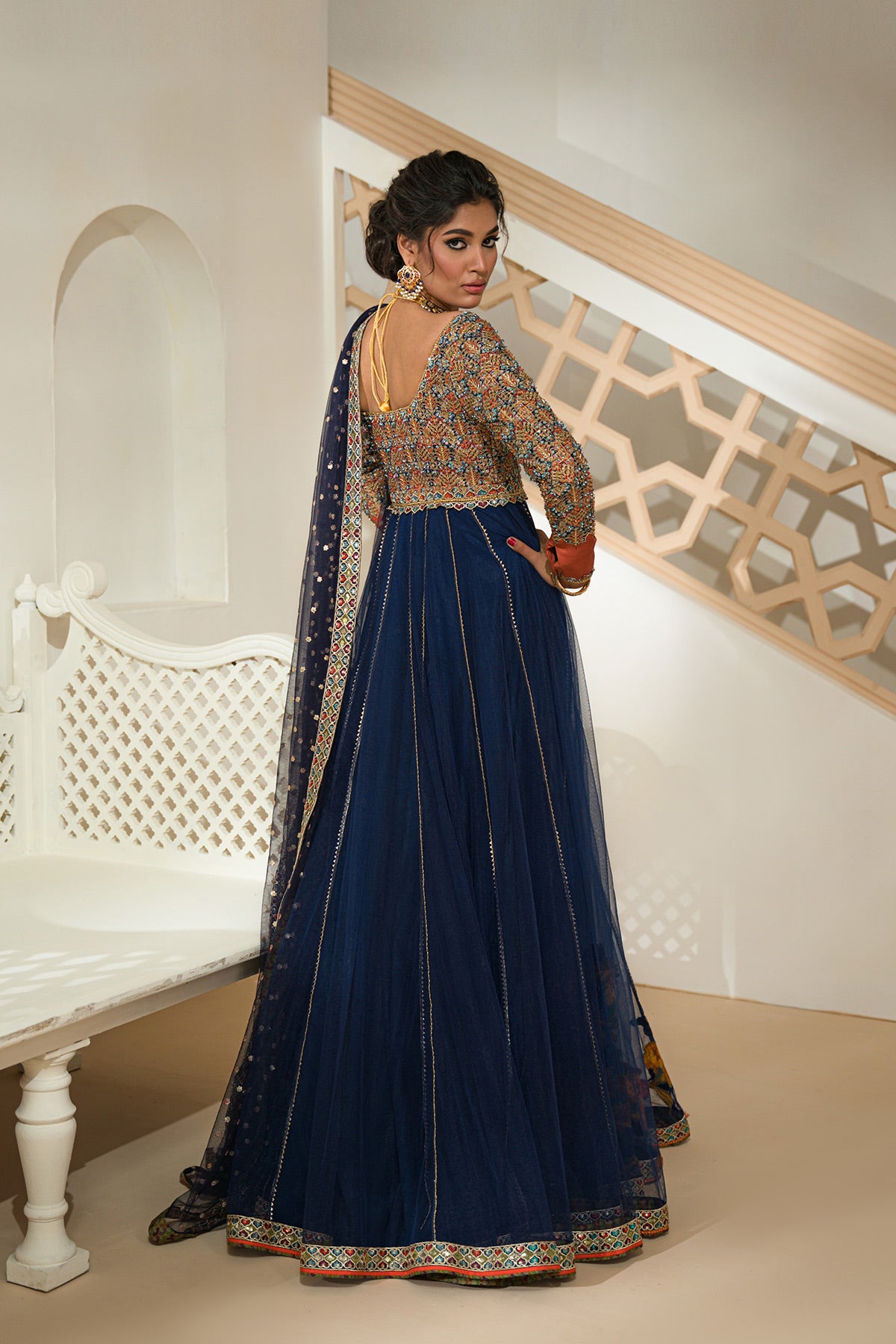 Navy Embellished Silk & Net Pishwas (2-Piece) - Image 3