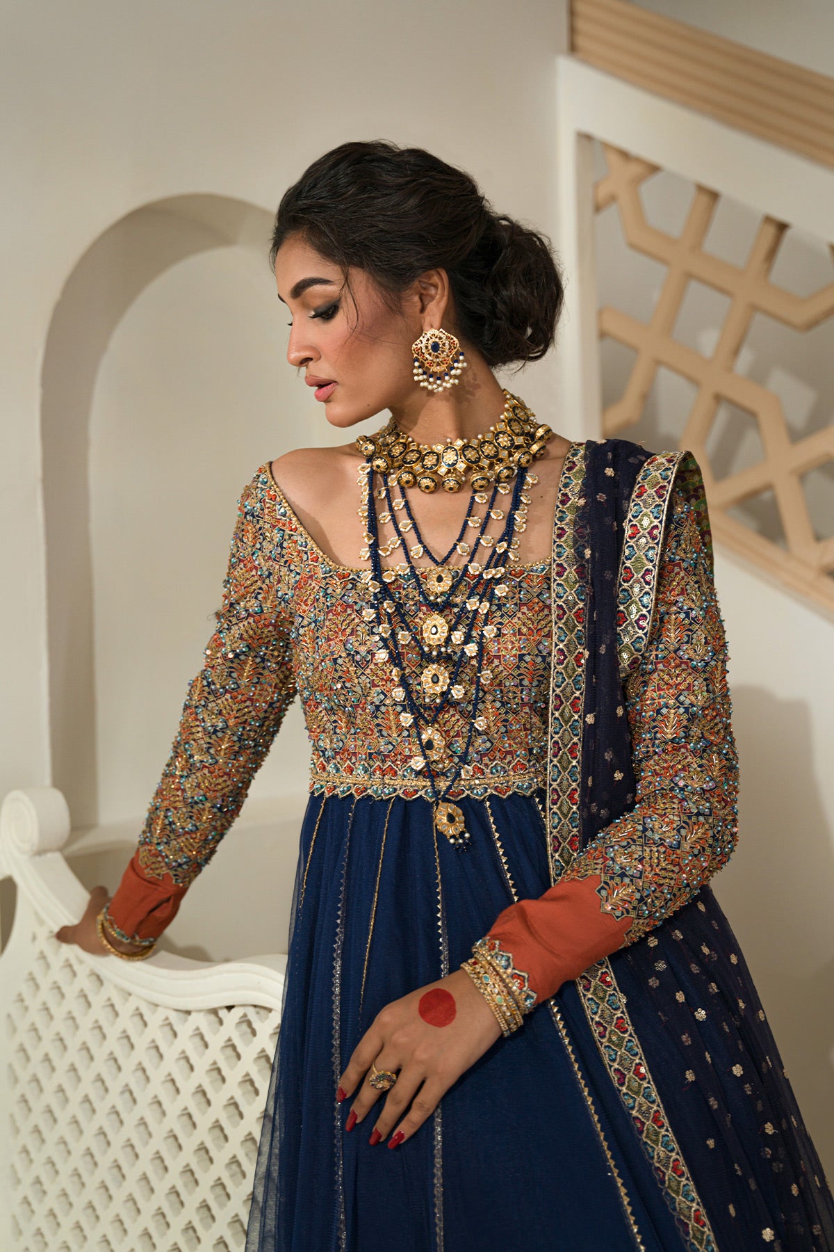 Navy Embellished Silk & Net Pishwas (2-Piece) - Image 5