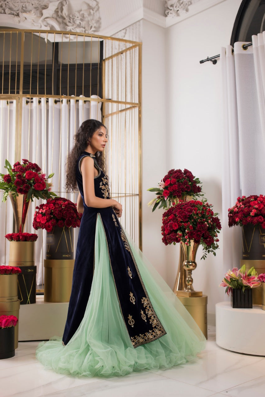 Deep Navy Zardozi Velvet Jacket with Mint Net Pishwas (2-Piece) - Image 4