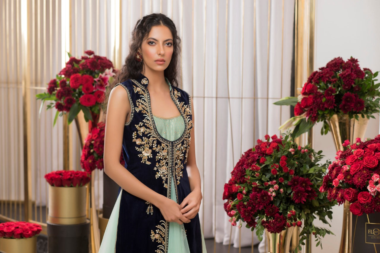 Deep Navy Zardozi Velvet Jacket with Seafoam Net Pishwas (2-Piece) - Image 3