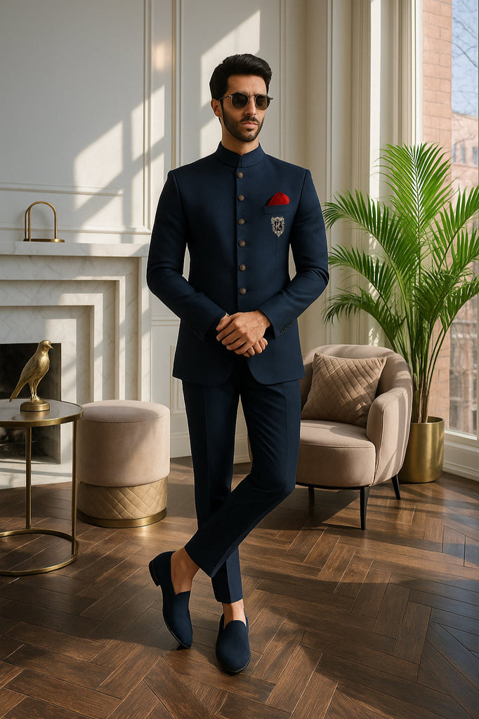 Navy Blue Embroidered Armani Prince Suit (3-Piece) - Image 1