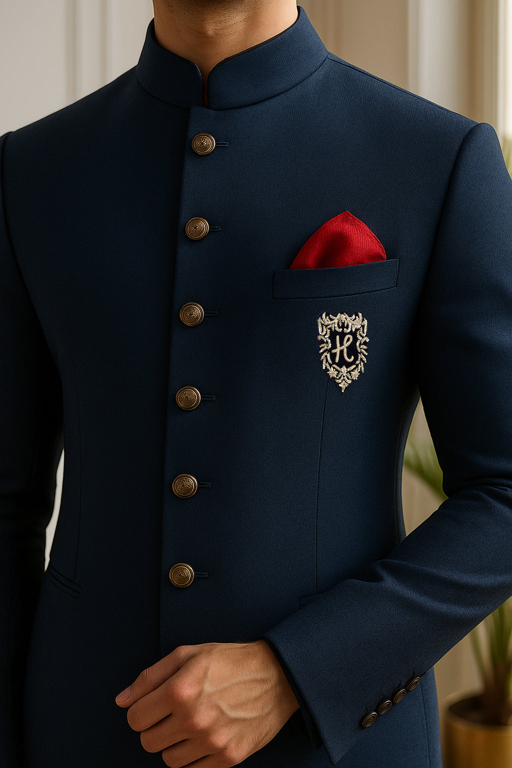 Navy Blue Embroidered Armani Prince Suit (3-Piece) - Image 3