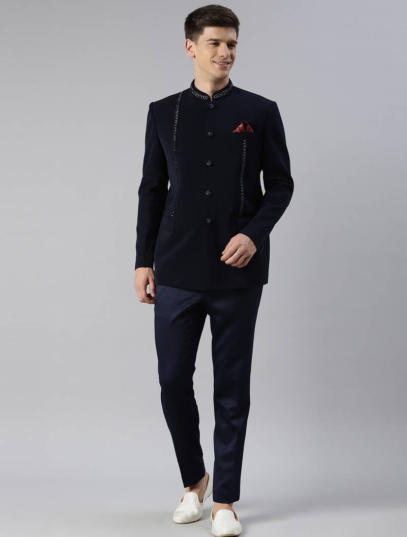 Navy Embroidered Art Silk Bandhgala Suit (2-Piece) - Image 1