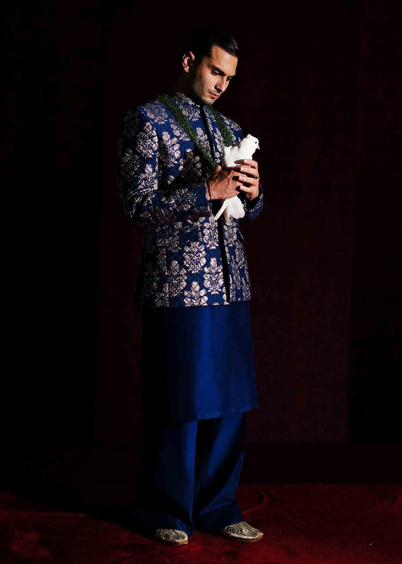 Navy Blue Banarasi Silk Prince Coat (3-Piece) - Image 1