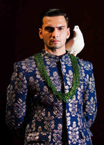 Navy Blue Banarasi Silk Prince Coat (3-Piece) - Image 3