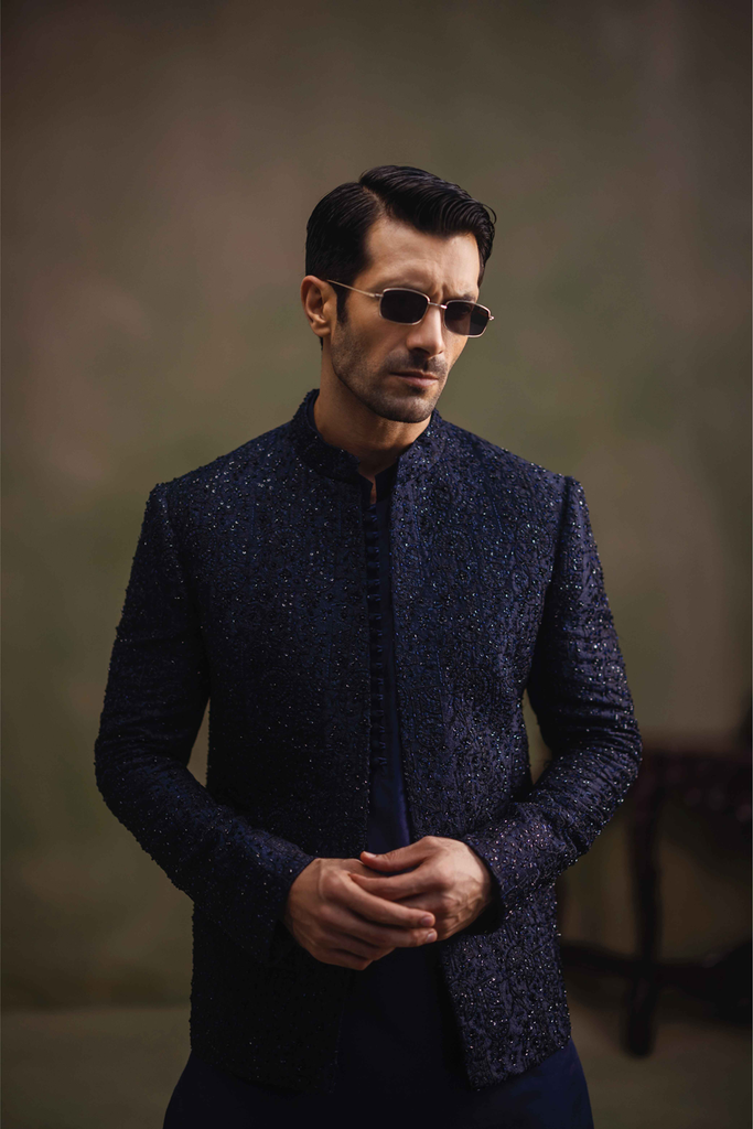 Navy Blue Hand-Embellished Cotton Silk Prince Coat (3-Piece) - Image 1