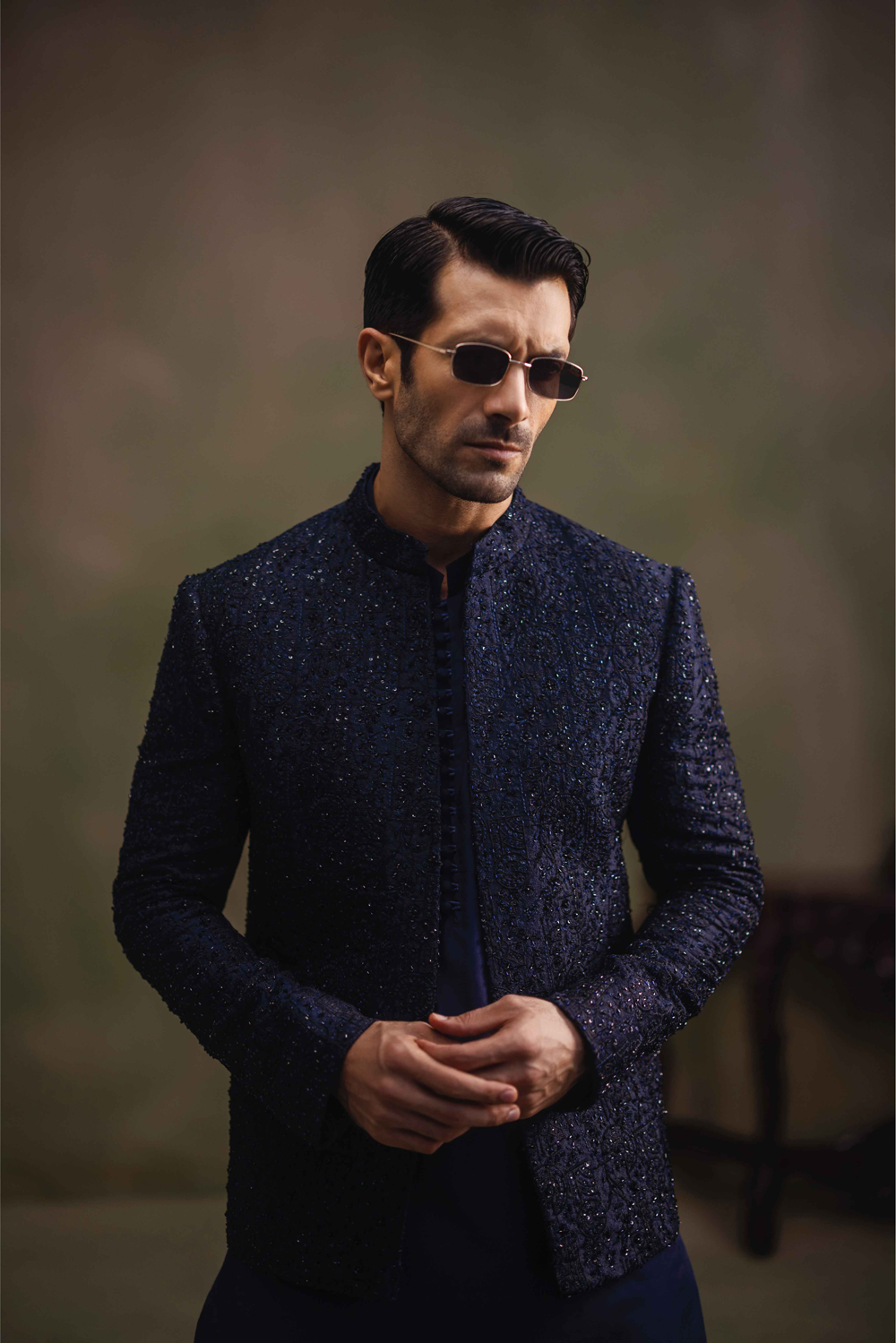 Navy Blue Hand-Embellished Cotton Silk Prince Coat (3-Piece) - Image 2