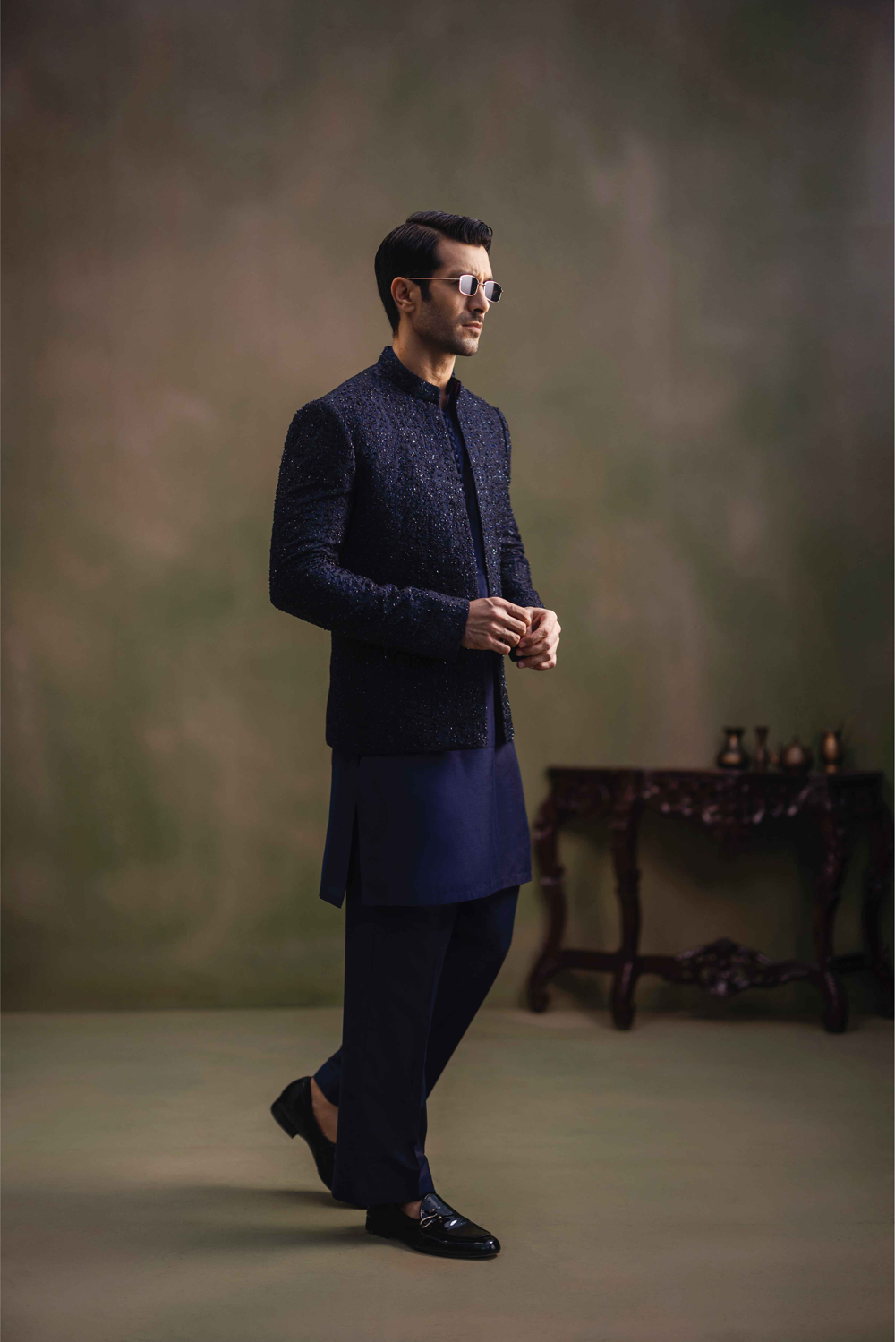 Navy Blue Hand-Embellished Cotton Silk Prince Coat (3-Piece) - Image 3