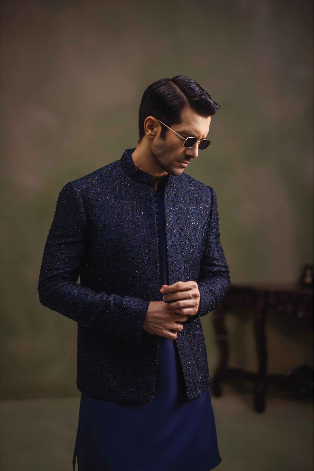 Navy Blue Hand-Embellished Cotton Silk Prince Coat (3-Piece) - Image 4