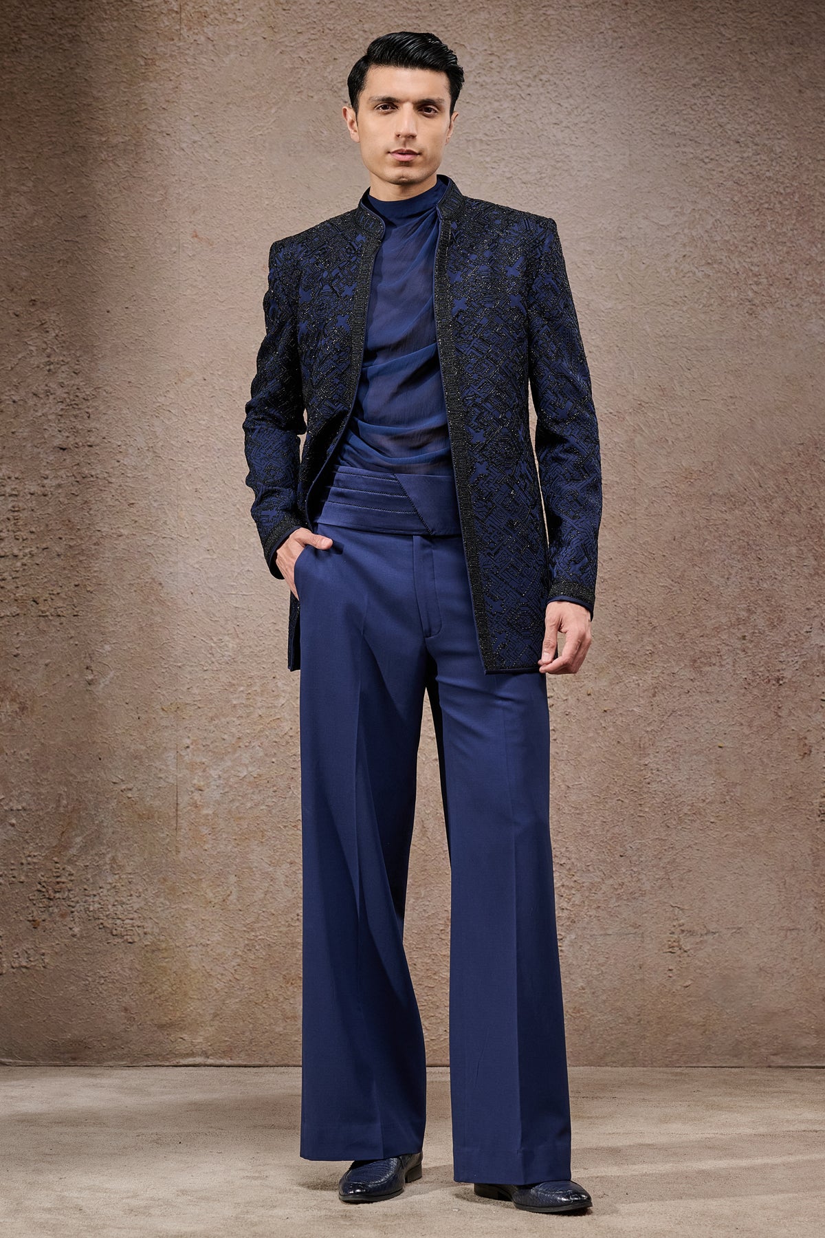 Navy Embroidered Double Georgette Prince Coat (3-Piece) - Image 1