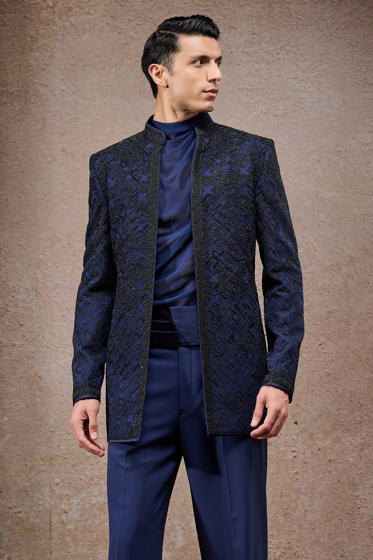 Navy Embroidered Double Georgette Prince Coat (3-Piece) - Image 3