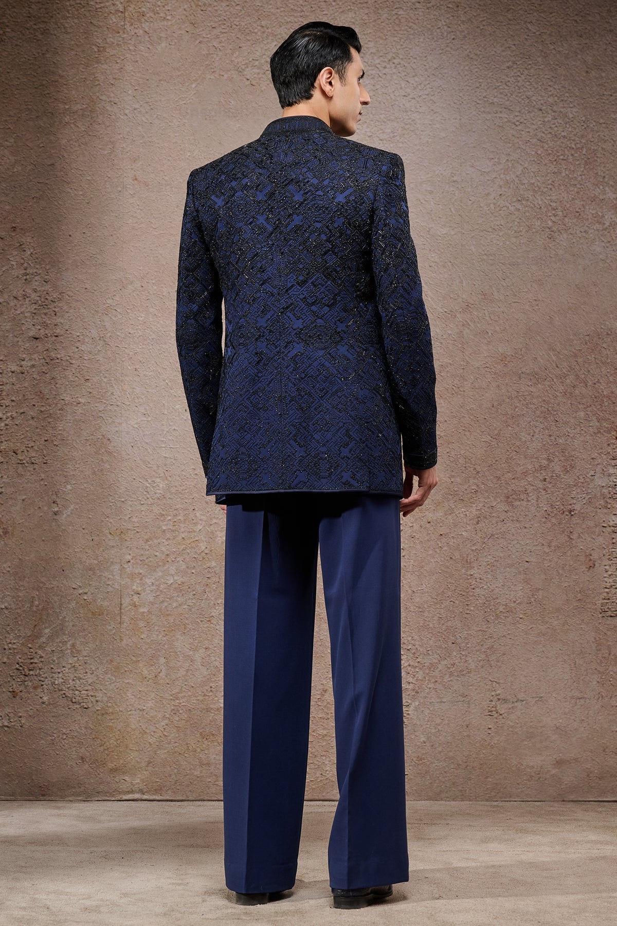 Navy Embroidered Double Georgette Prince Coat (3-Piece) - Image 4