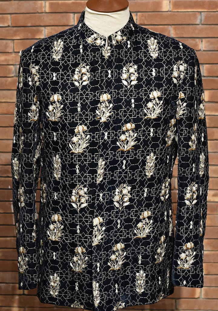 Navy Blue Hand-Embroidered Cutdana Dabka Prince Coat (1-Pc) - Image 1