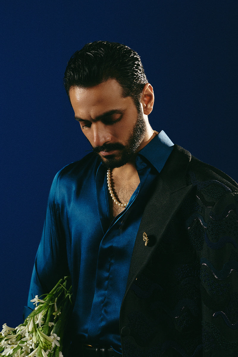 Navy Kashmiri Embroidered Handloom Prince Coat (2-Piece) - Image 2