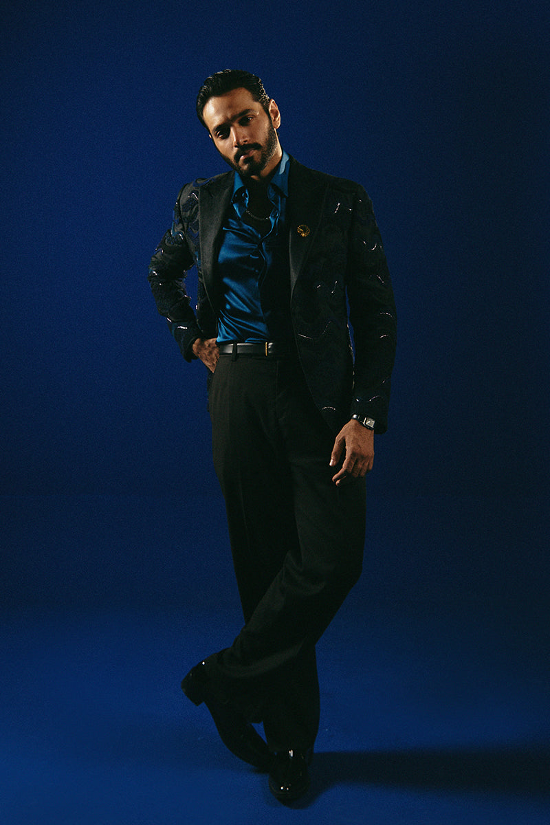 Navy Kashmiri Embroidered Handloom Prince Coat (1-Pc) - Image 1