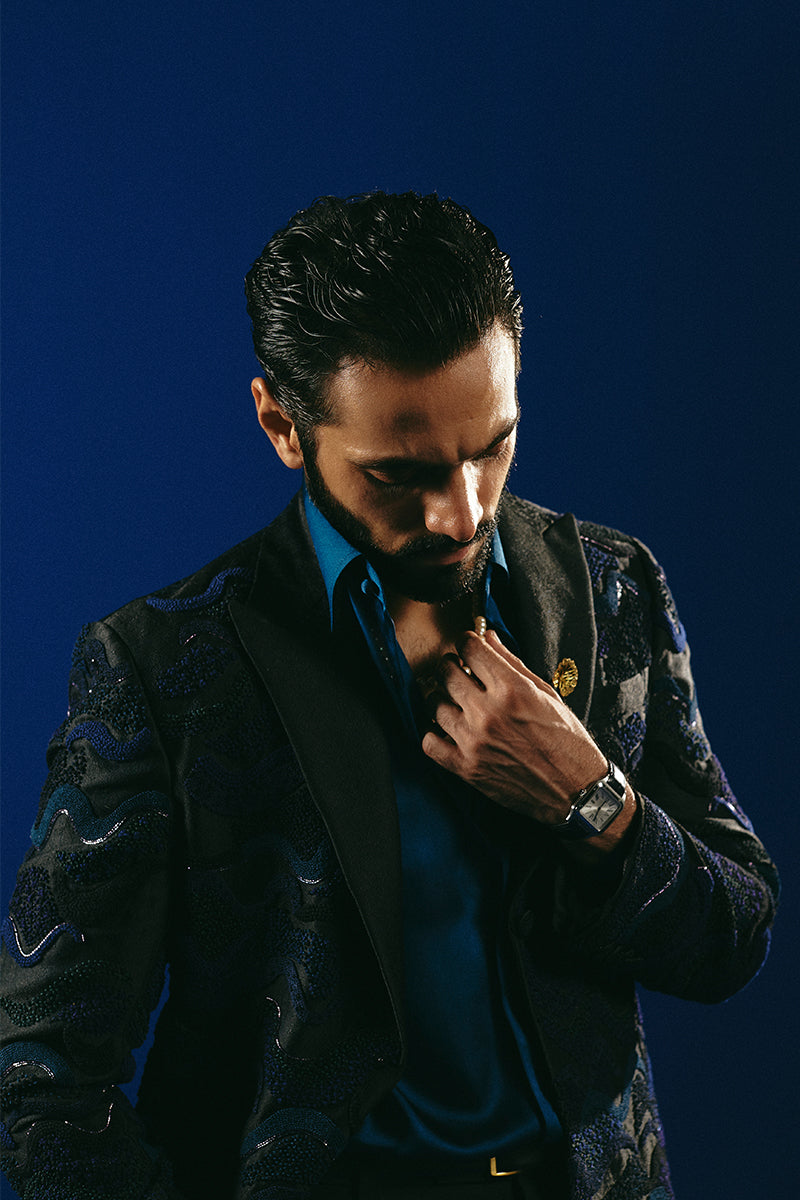 Navy Kashmiri Embroidered Handloom Prince Coat (1-Pc) - Image 3