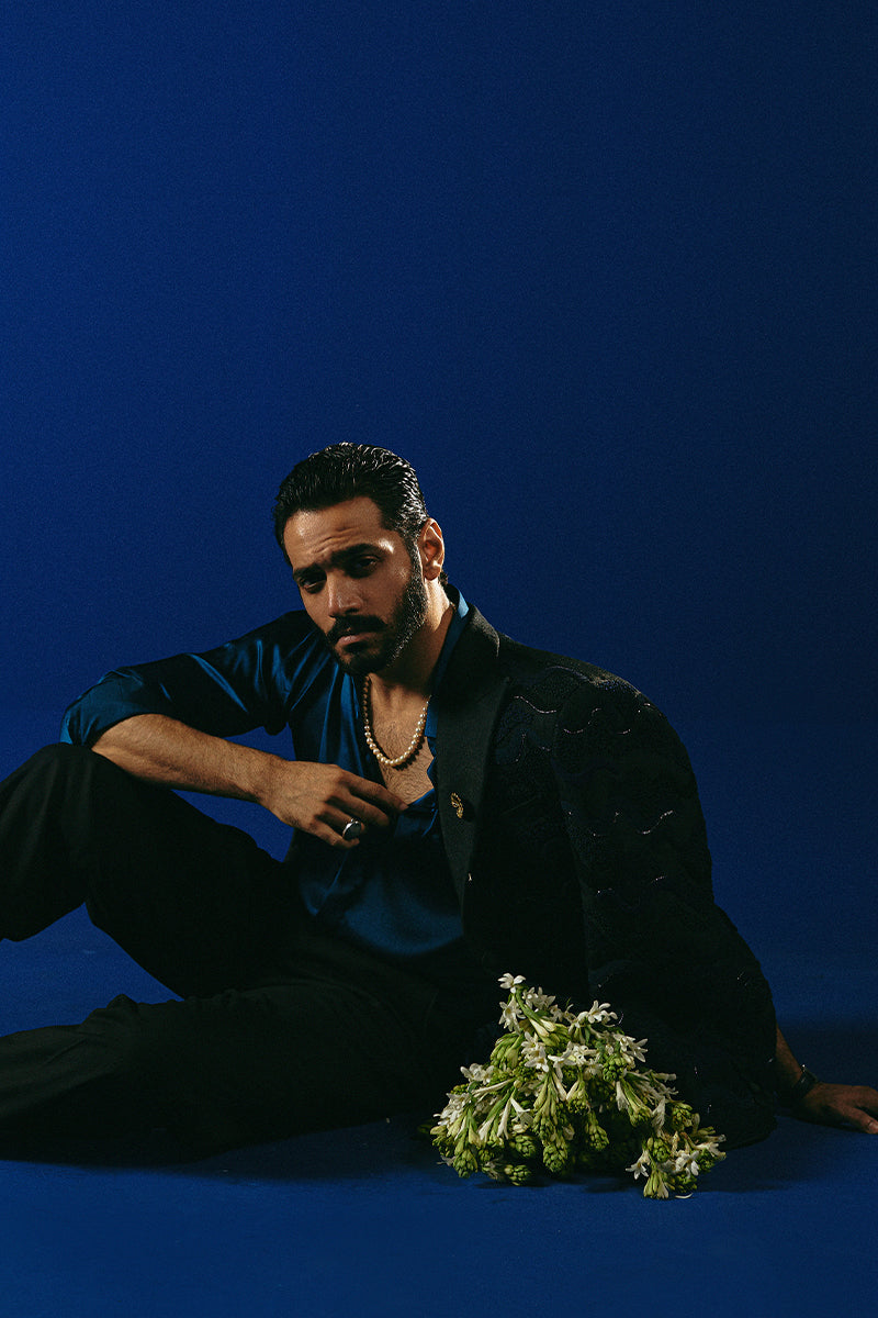 Navy Kashmiri Embroidered Handloom Prince Coat (1-Pc) - Image 4