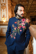 Navy Zardozi Embroidered Italian Fabric Prince Jacket (2-Piece) - Image 1