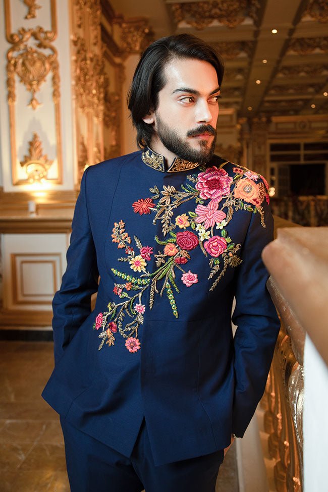 Navy Zardozi Embroidered Italian Fabric Prince Jacket (2-Piece) - Image 2