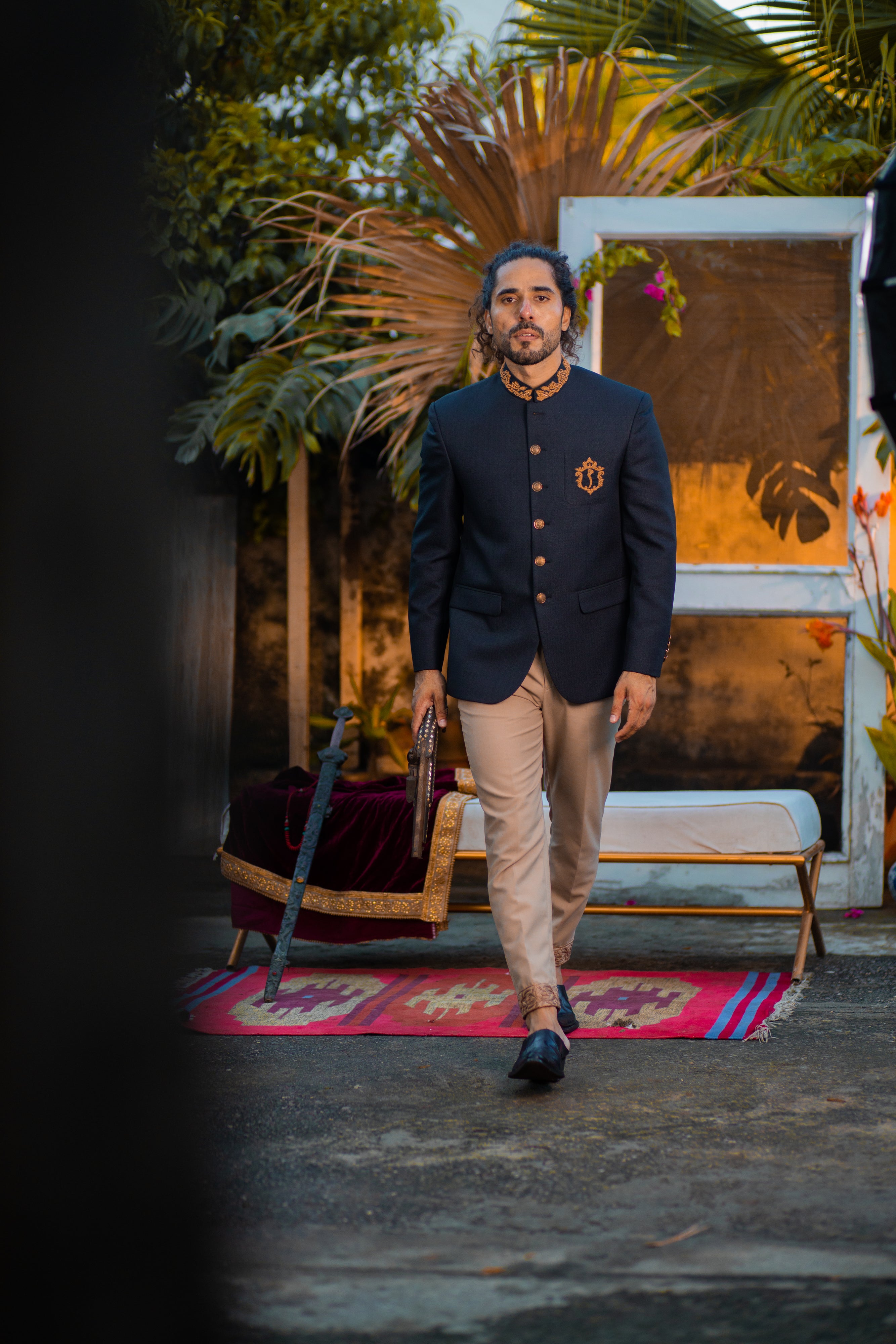 Navy Hand Embroidered Jamawar Prince Coat (2-Piece) - Image 1