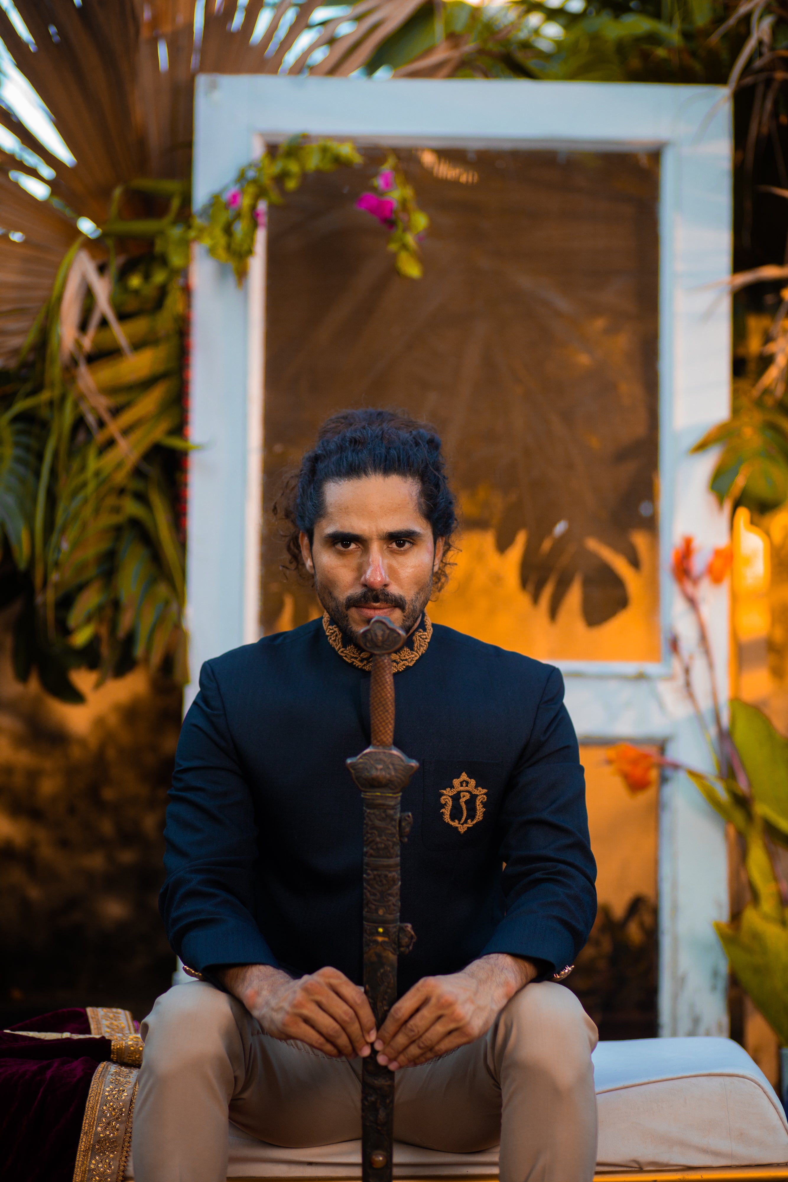 Navy Hand Embroidered Jamawar Prince Coat (2-Piece) - Image 2