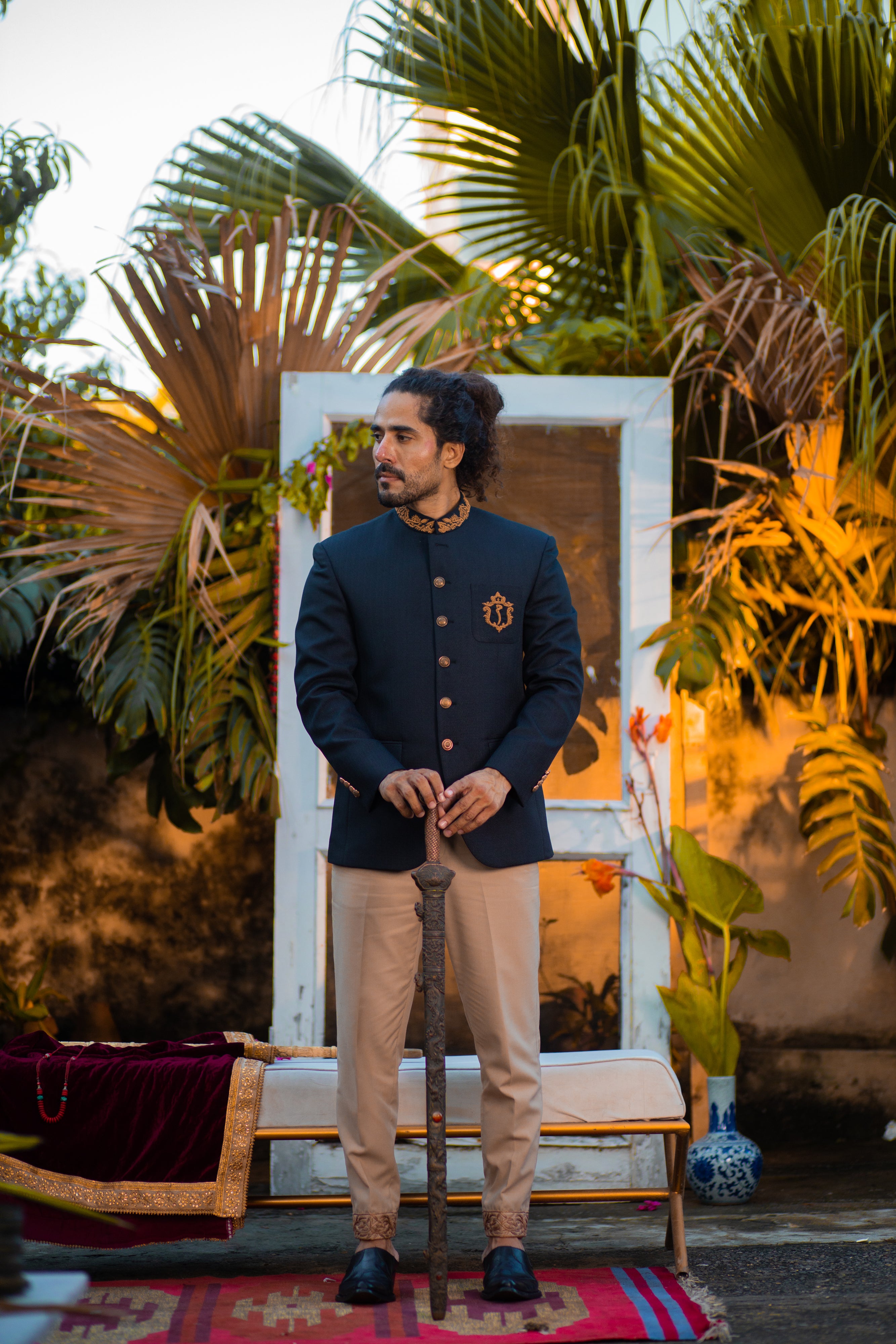 Navy Hand Embroidered Jamawar Prince Coat (2-Piece) - Image 3