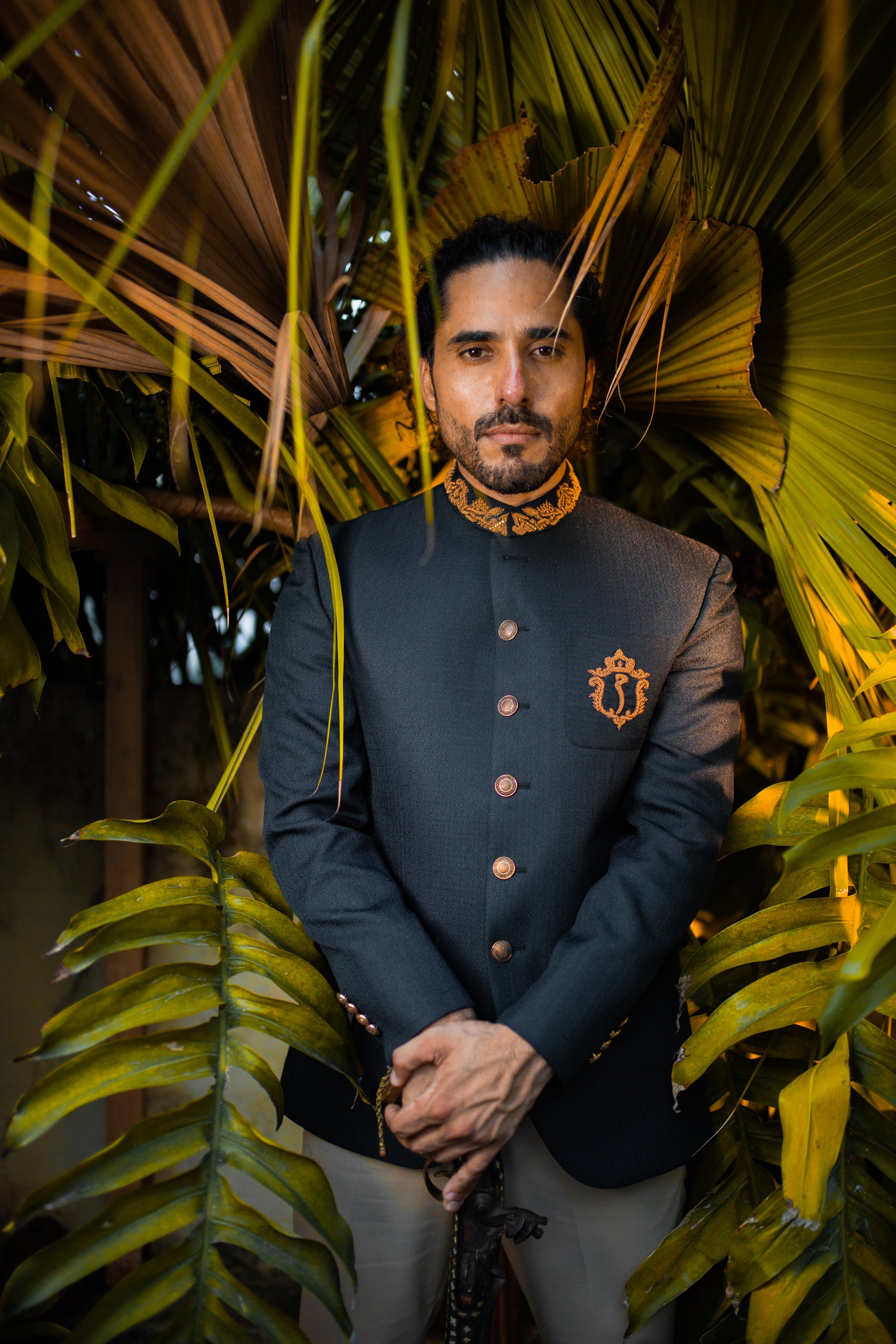 Navy Hand Embroidered Jamawar Prince Coat (2-Piece) - Image 4