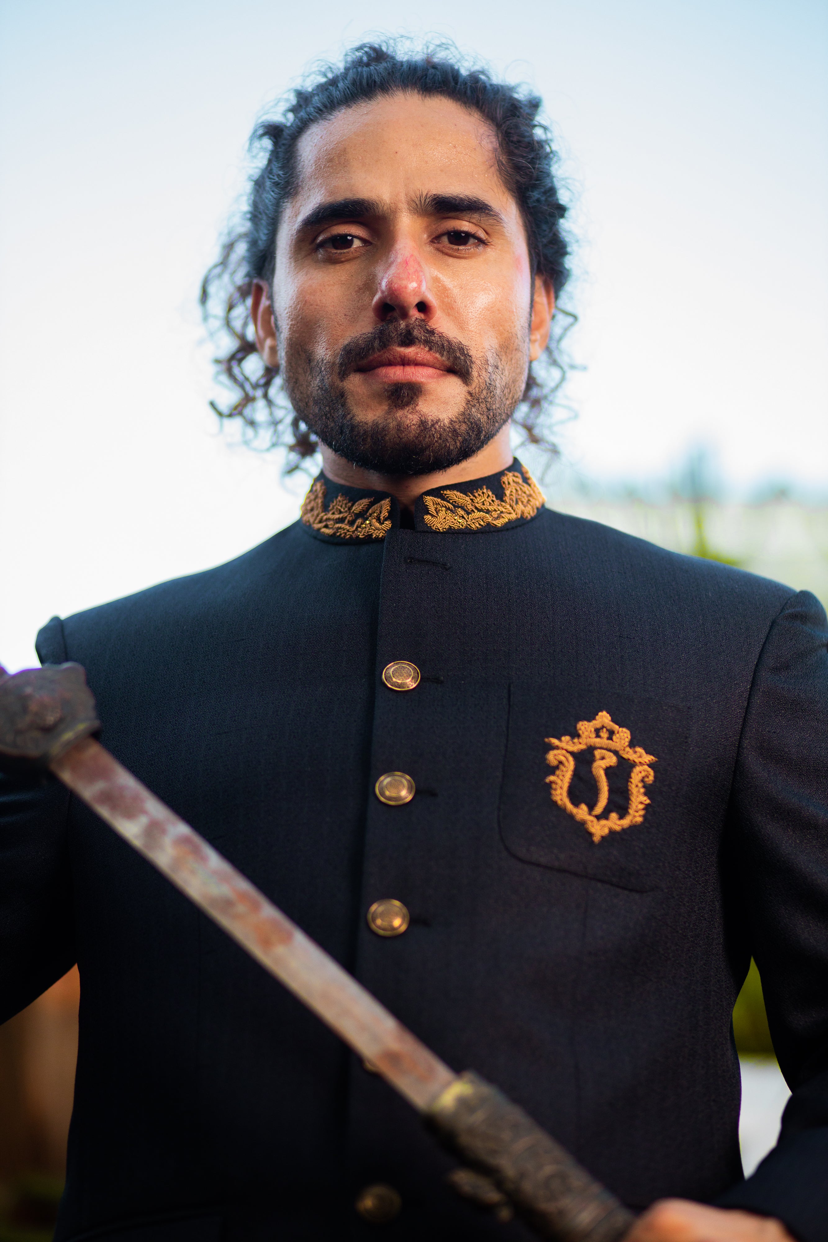 Navy Hand Embroidered Jamawar Prince Coat (2-Piece) - Image 5