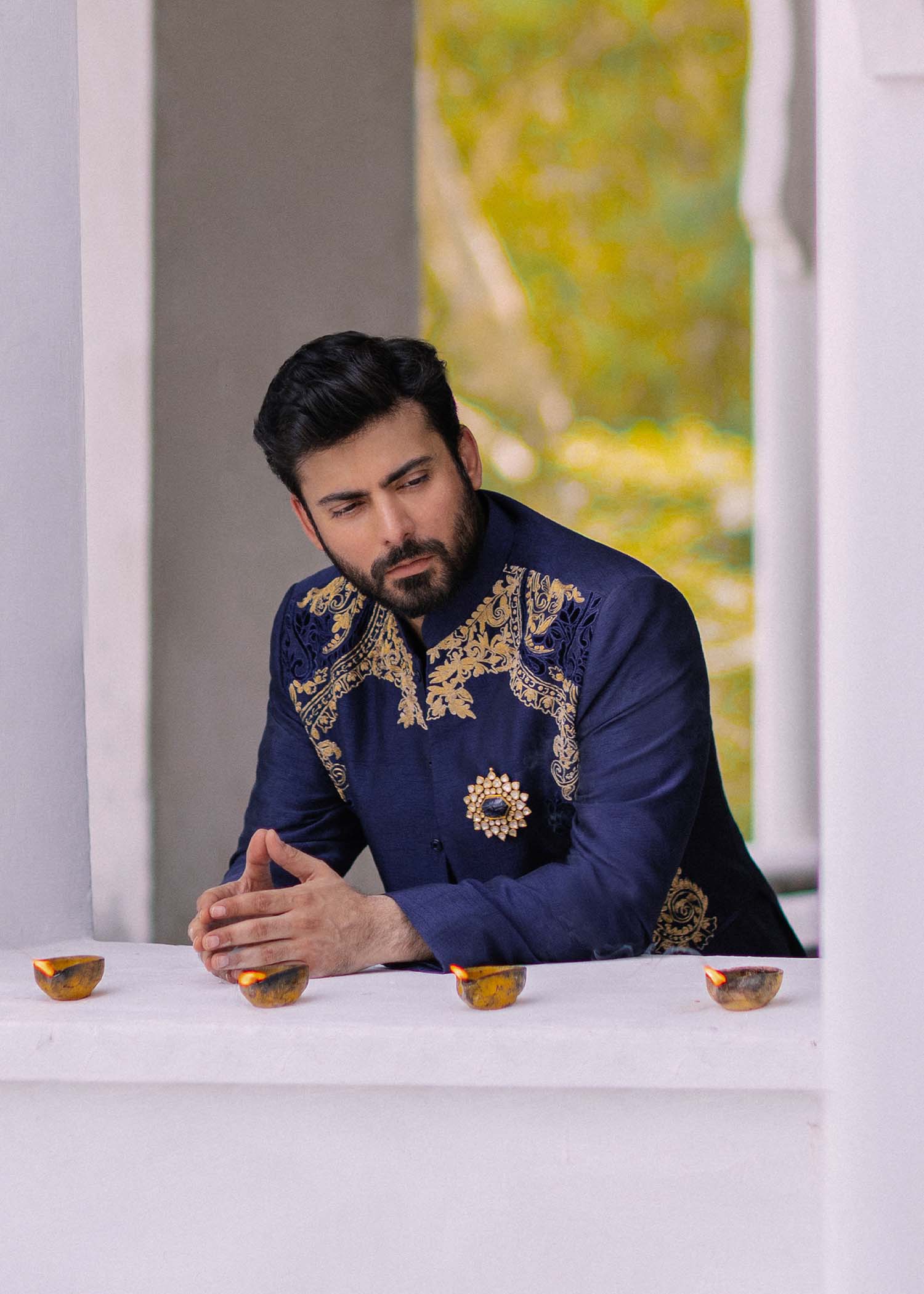 Navy Blue Kashmiri Dori Embroidered Korean Rawsilk Prince Coat (3-Piece) - Image 1