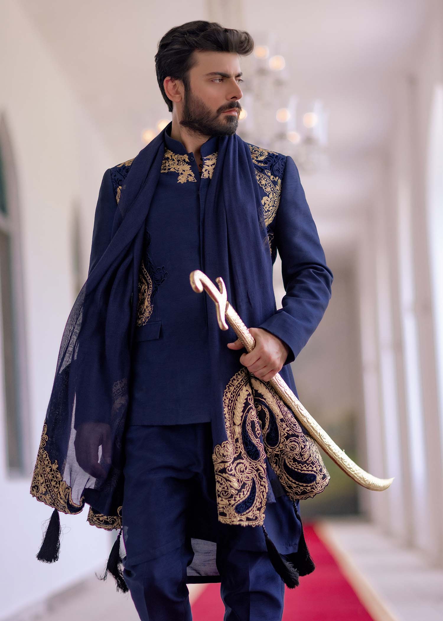 Navy Blue Kashmiri Dori Embroidered Korean Rawsilk Prince Coat (3-Piece) - Image 2