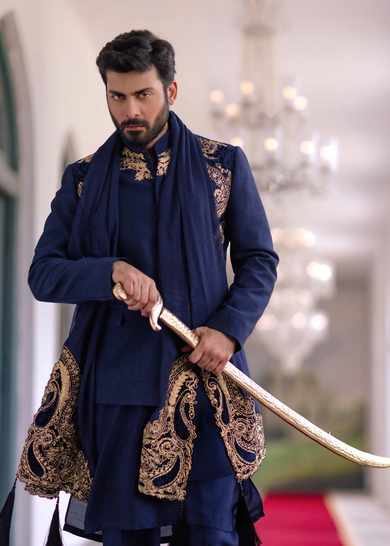 Navy Blue Kashmiri Dori Embroidered Korean Rawsilk Prince Coat (3-Piece) - Image 3