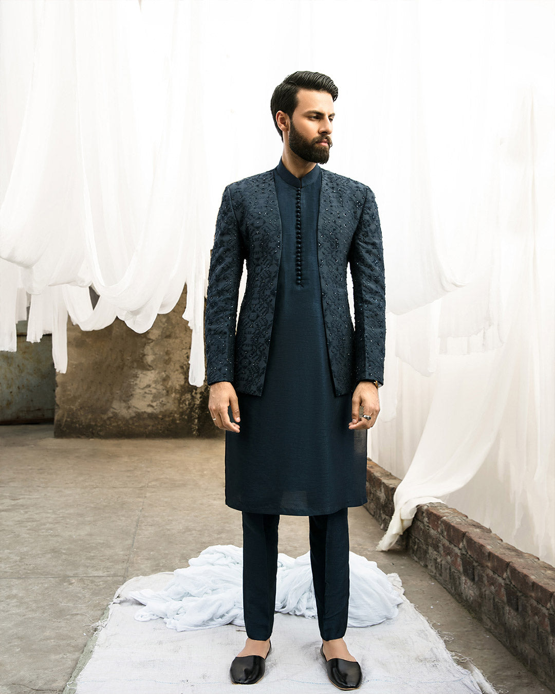 Navy Embellished Paper Cotton Prince Coat (3-Piece) - Image 1
