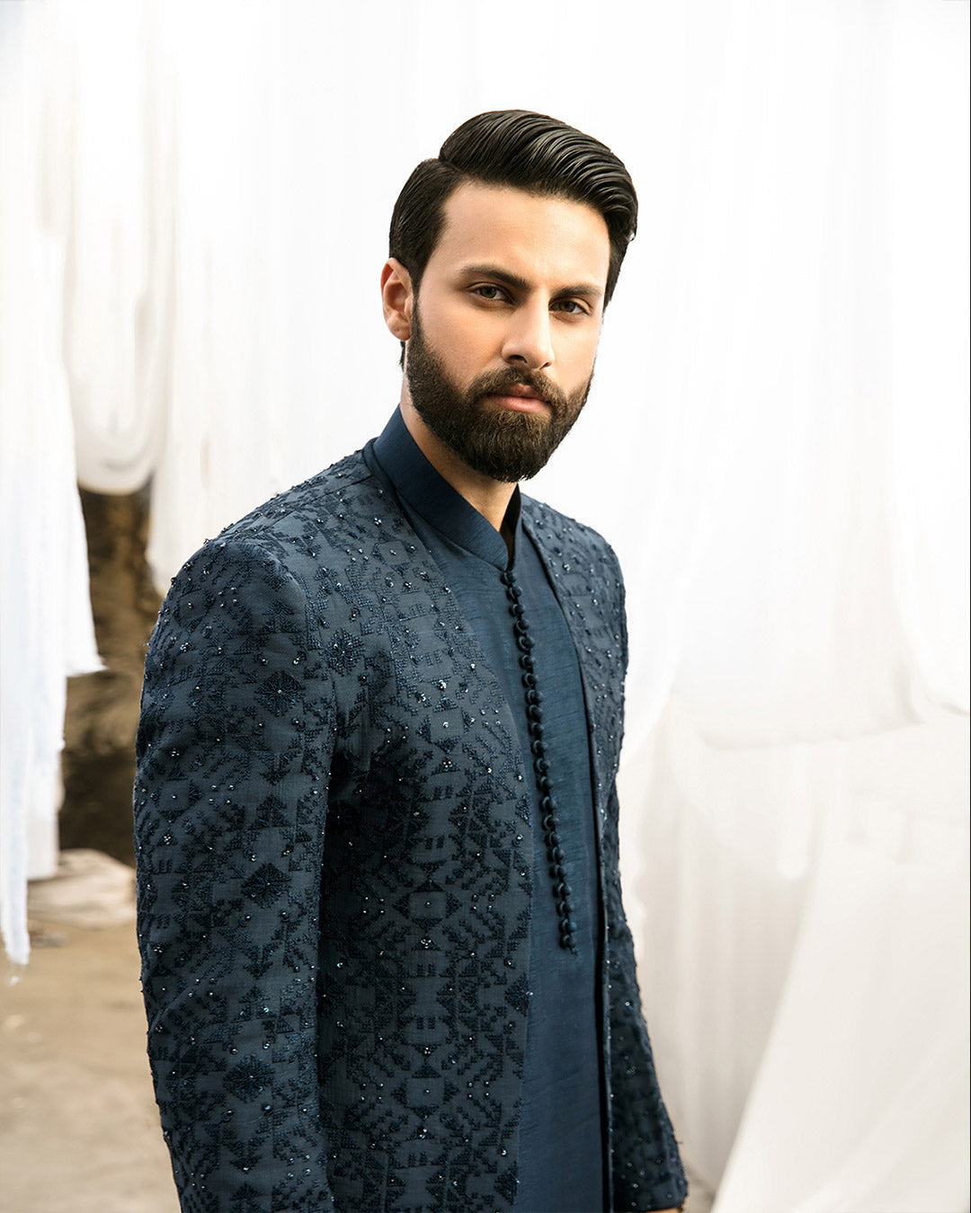 Navy Embellished Paper Cotton Prince Coat (3-Piece) - Image 2