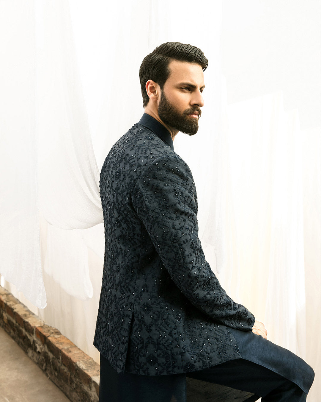 Navy Embellished Paper Cotton Prince Coat (3-Piece) - Image 3