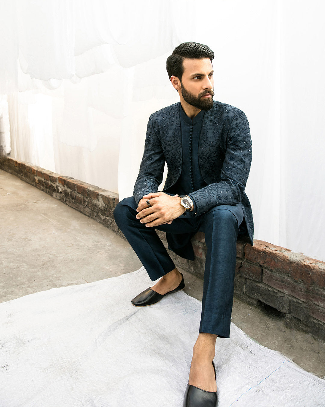 Navy Embellished Paper Cotton Prince Coat (3-Piece) - Image 4