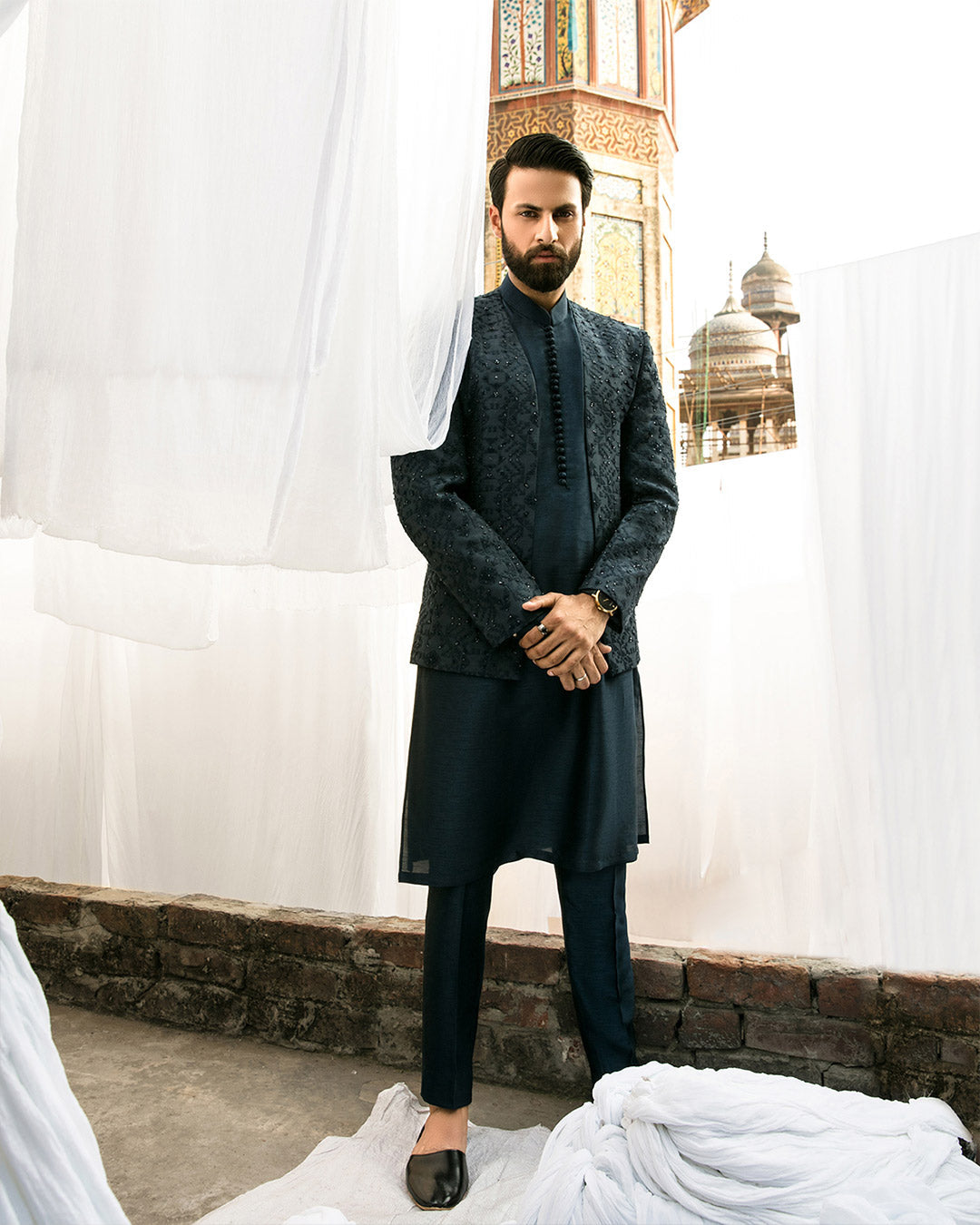 Navy Embellished Paper Cotton Prince Coat (3-Piece) - Image 5