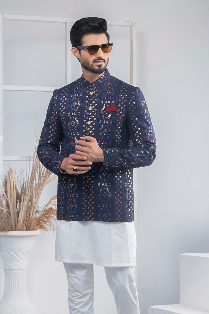 Navy Blue Metallic Polyester Prince Coat (3-Piece) - Image 1