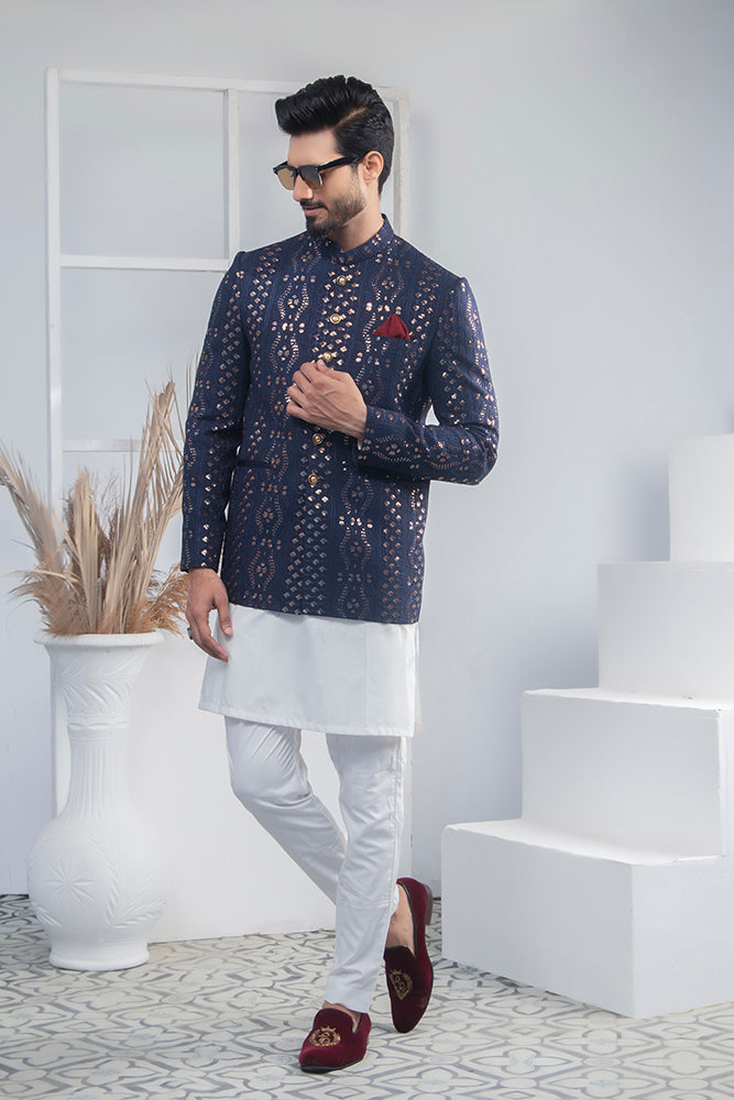 Navy Blue Metallic Polyester Prince Coat (3-Piece) - Image 2