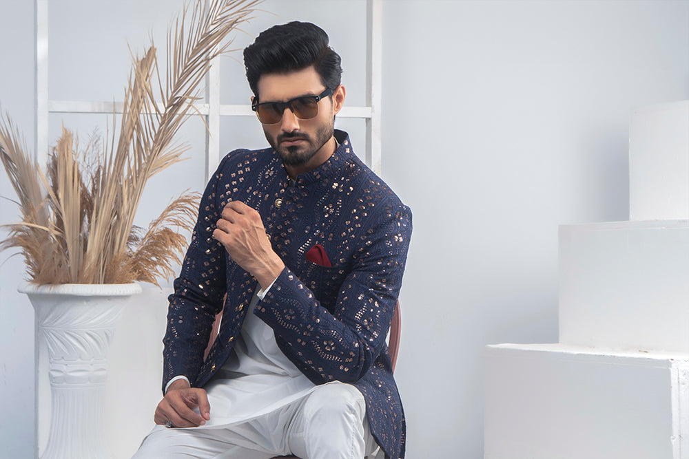 Navy Blue Metallic Polyester Prince Coat (3-Piece) - Image 3