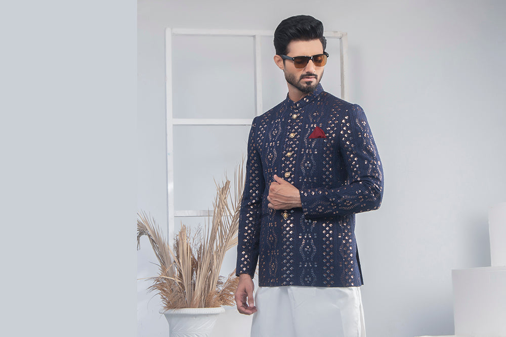 Navy Blue Metallic Polyester Prince Coat (3-Piece) - Image 4